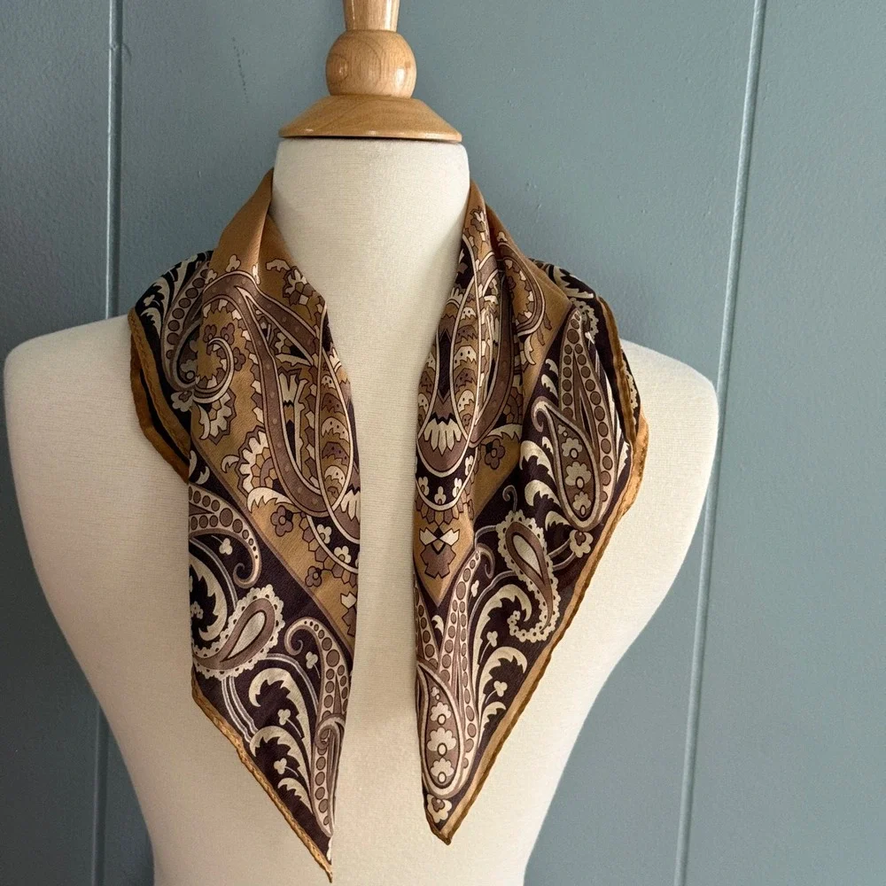 Elaine Gold XIIX Silk Paisley Scarf Brown Gold Heritage Equestrian 21x21 Preppy